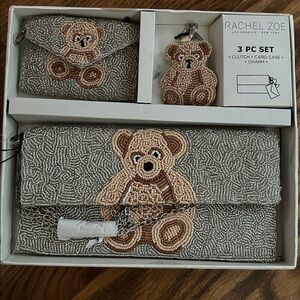 New NWT Rachel Zoe Beaded Teddy Bear 3 pc Set Clutch Card Case Charm $98